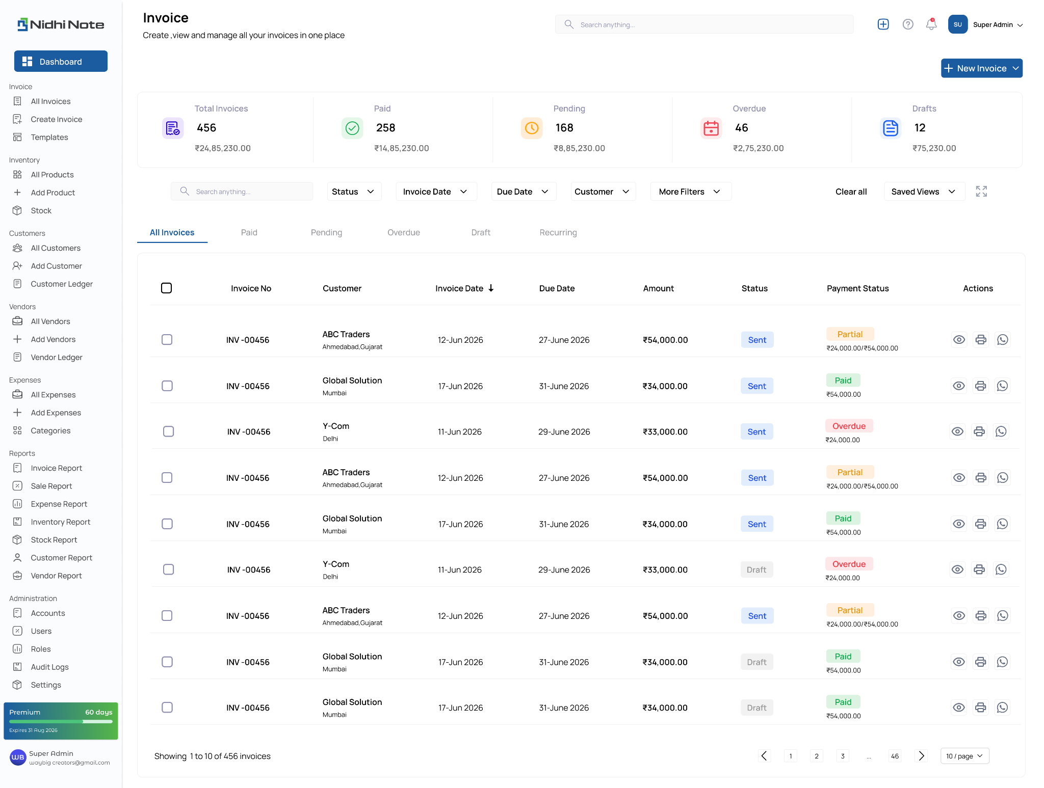 NidhiNote invoice workflow with billing, GST and e-Invoice support